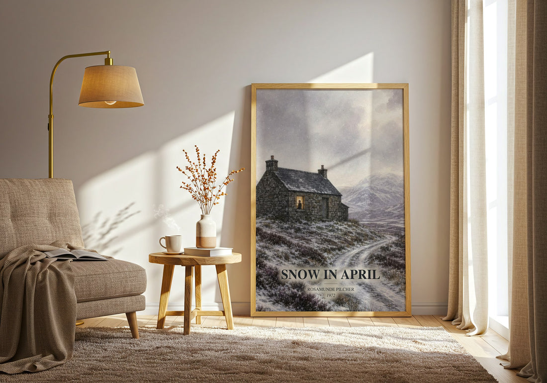 Snow in April watercolour print in frame leaning in hallway – romance wall art (mockup)