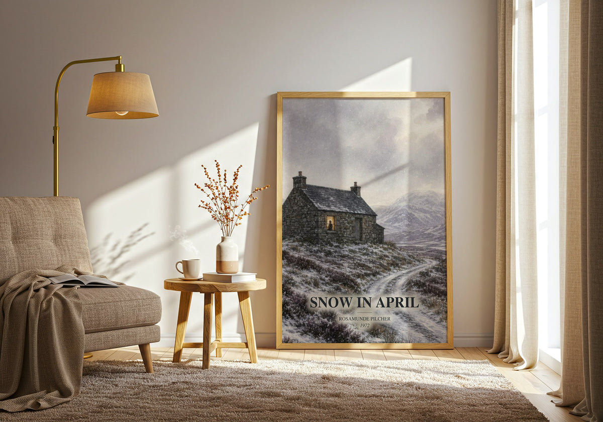 Snow in April watercolour print in frame leaning in hallway – romance wall art (mockup)