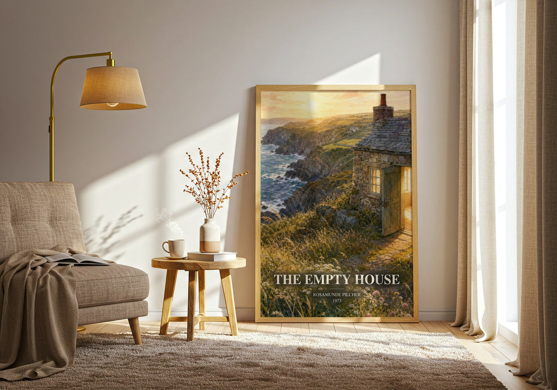 The Empty House watercolour print in frame leaning in hallway – romance wall art (mockup)