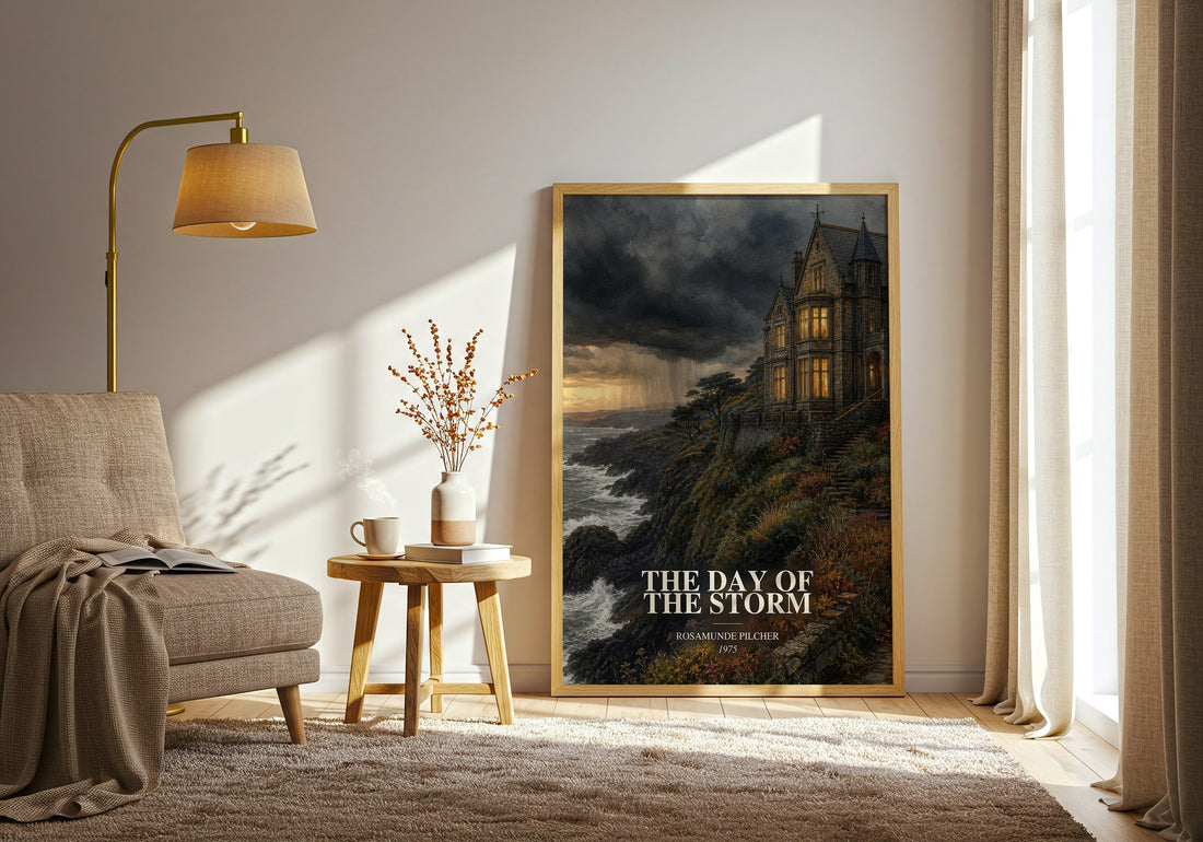 The Day of the Storm watercolour print in frame leaning in hallway – romance wall art (mockup)