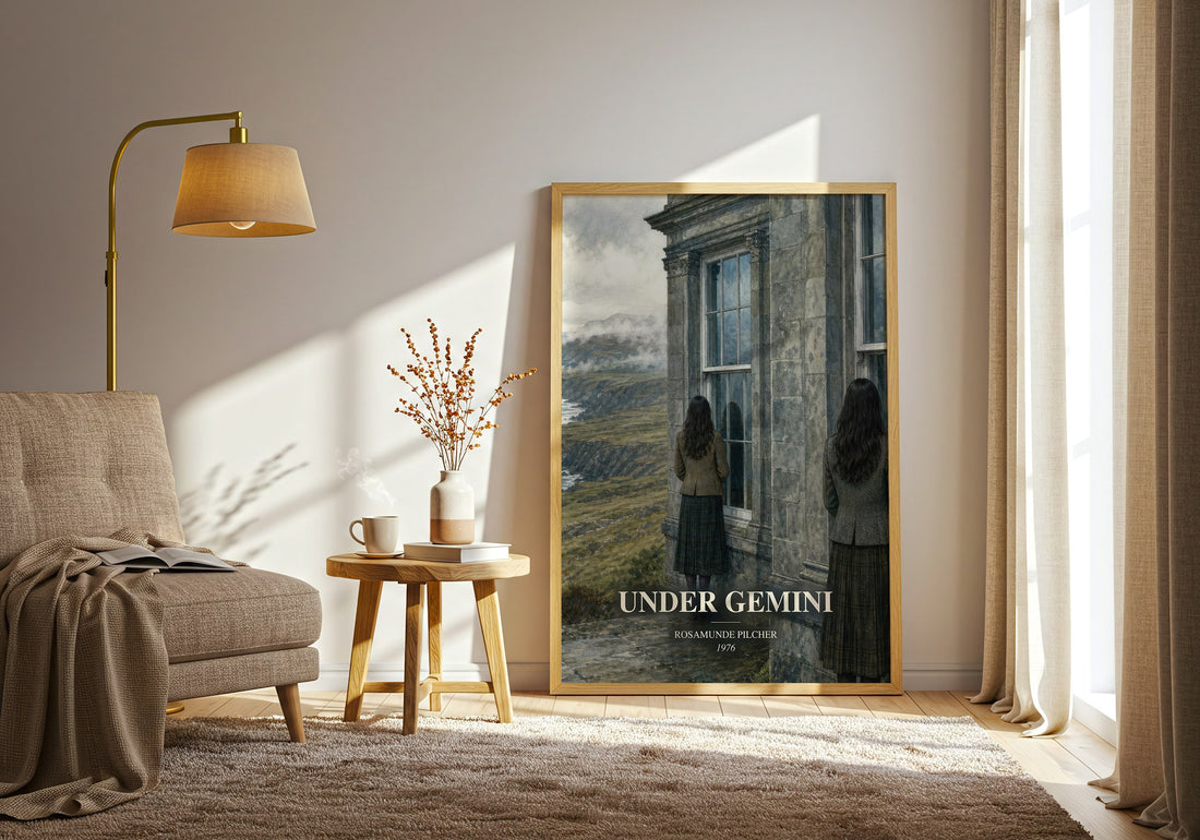 Under Gemini watercolour print in frame leaning in hallway – romance wall art (mockup)