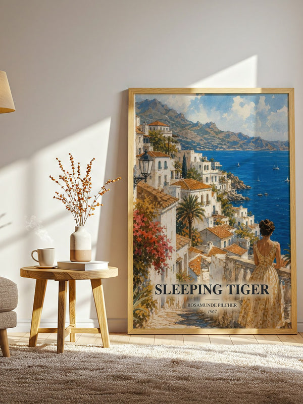 Sleeping Tiger watercolour print in frame leaning in hallway – romance wall art