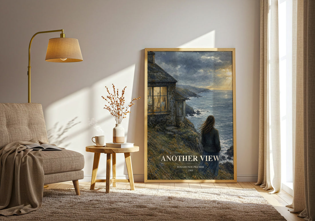 Another View watercolour print in frame leaning in hallway – romance wall art (mockup)