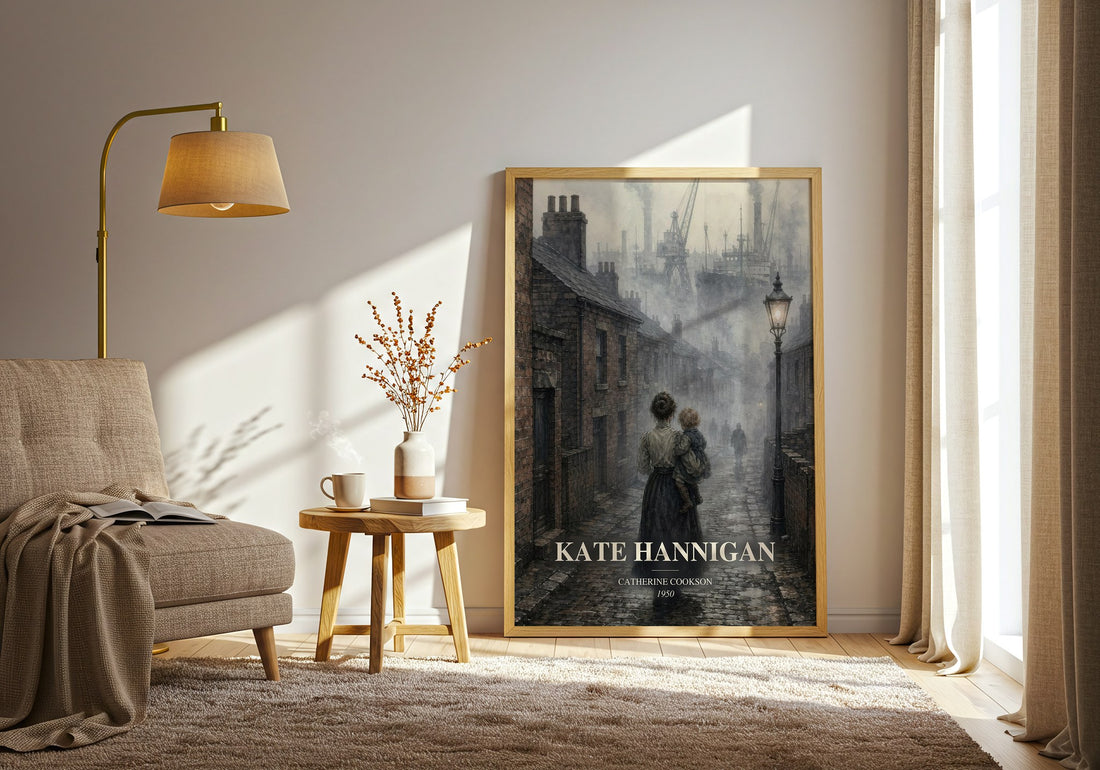 Kate Hannigan watercolour print in frame leaning in hallway – historical fiction wall art (mockup)