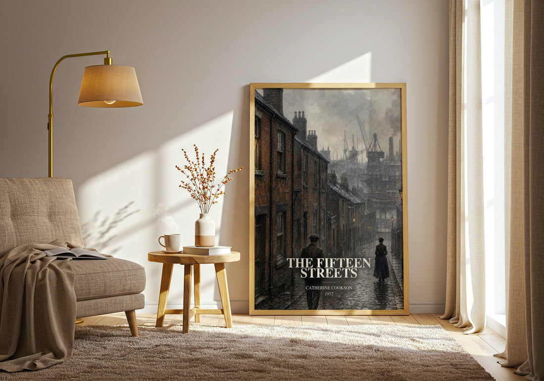The Fifteen Streets watercolour print in frame leaning in hallway – historical fiction wall art (mockup)