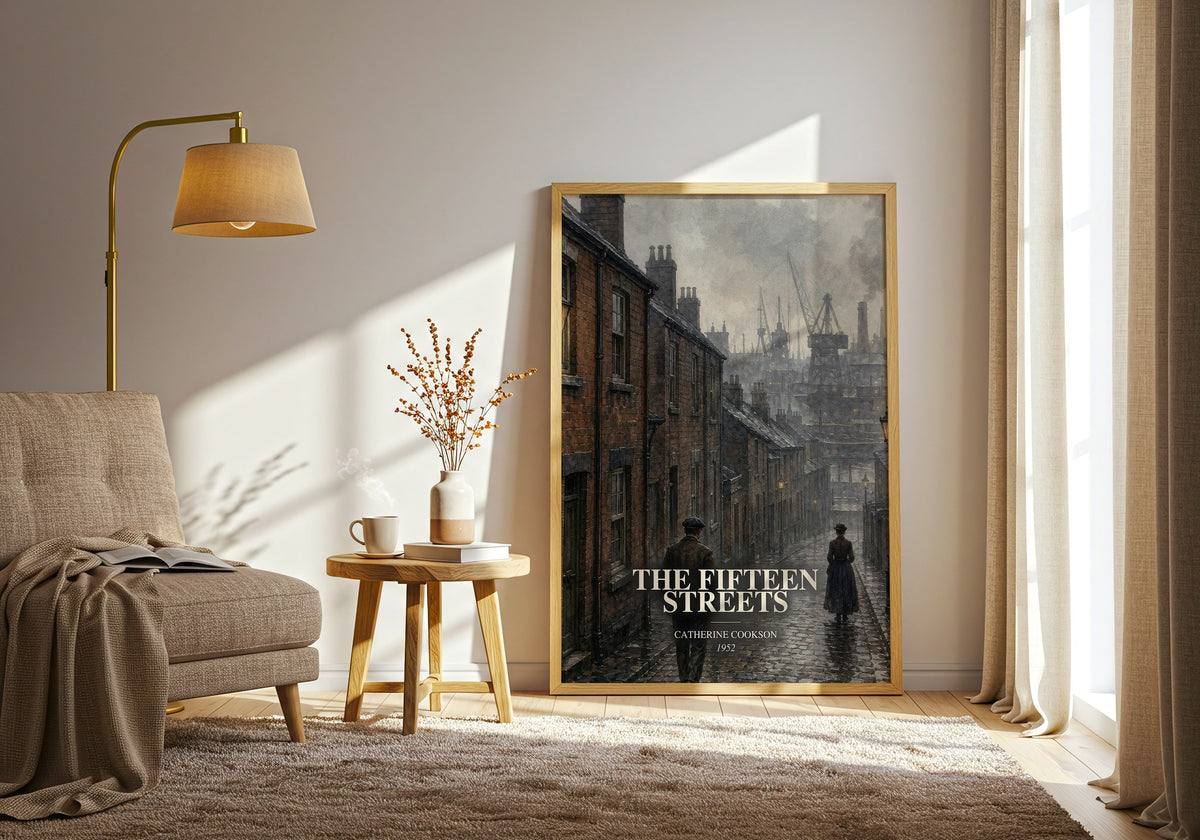 The Fifteen Streets watercolour print in frame leaning in hallway – historical fiction wall art (mockup)