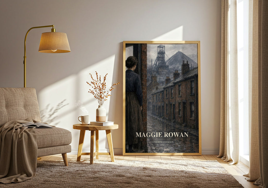Maggie Rowan watercolour print in frame leaning in hallway – literary fiction wall art (mockup)