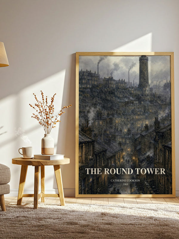 The Round Tower watercolour print in frame leaning in hallway – historical fiction wall art