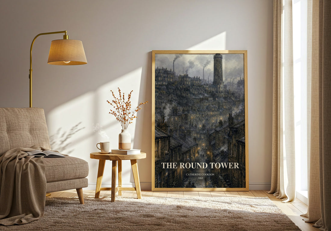 The Round Tower watercolour print in frame leaning in hallway – historical fiction wall art (mockup)
