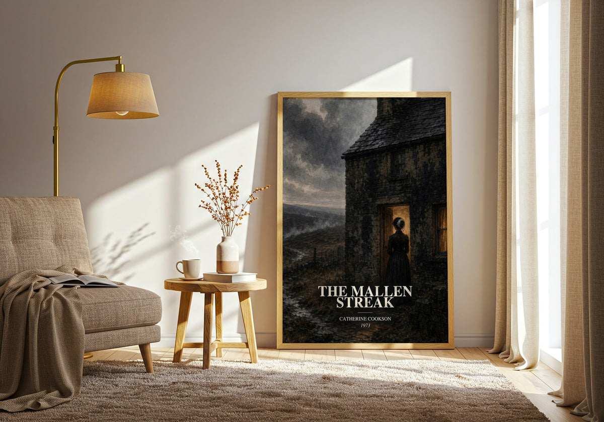 The Mallen Streak watercolour print in frame leaning in hallway – historical fiction wall art (mockup)