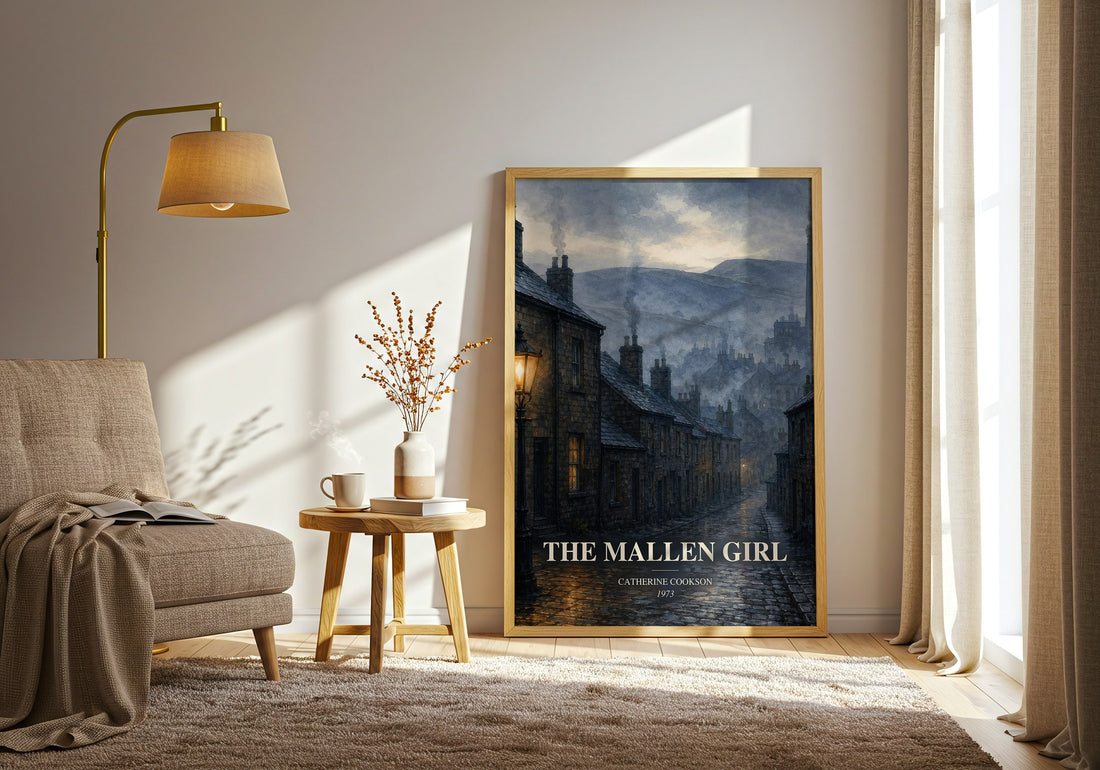 The Mallen Girl watercolour print in frame leaning in hallway – historical fiction wall art (mockup)