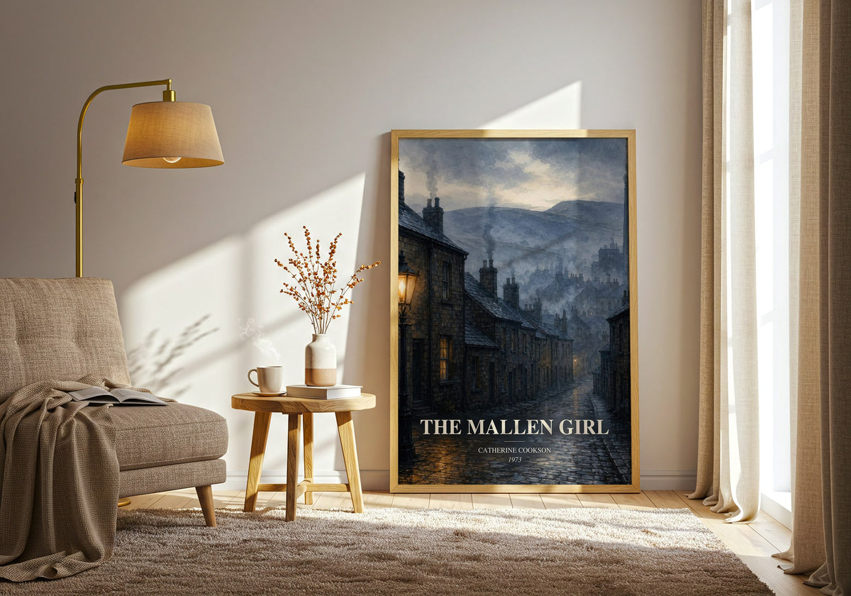 The Mallen Girl watercolour print in frame leaning in hallway – historical fiction wall art (mockup)