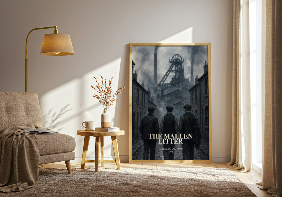 The Mallen Litter watercolour print in frame leaning in hallway – historical fiction wall art (mockup)