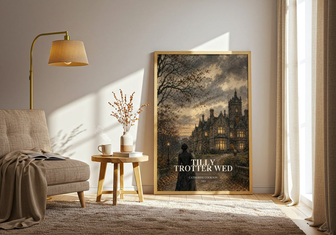Tilly Trotter Wed watercolour print in frame leaning in hallway – historical fiction wall art (mockup)
