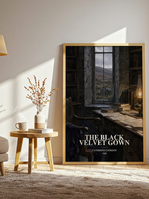 The Black Velvet Gown watercolour print in frame leaning in hallway – historical fiction wall art