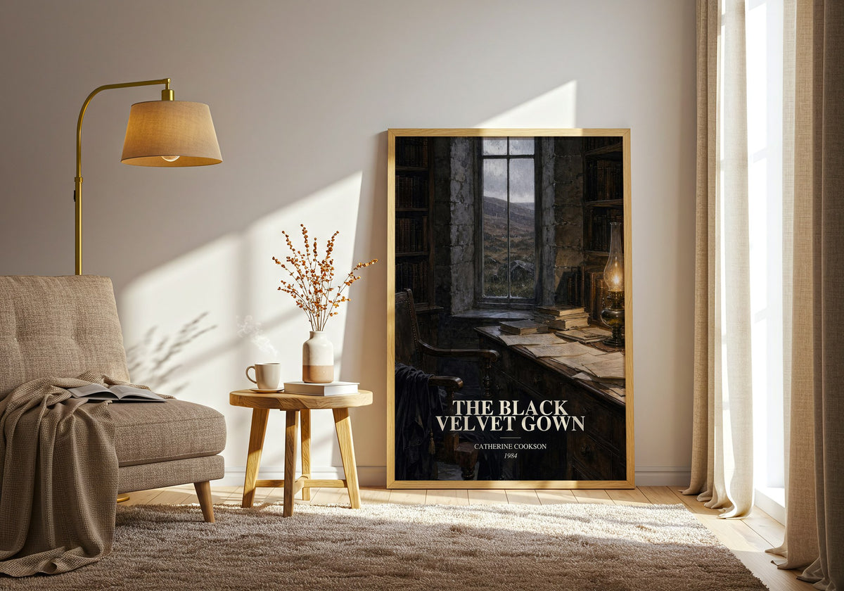 The Black Velvet Gown watercolour print in frame leaning in hallway – historical fiction wall art (mockup)