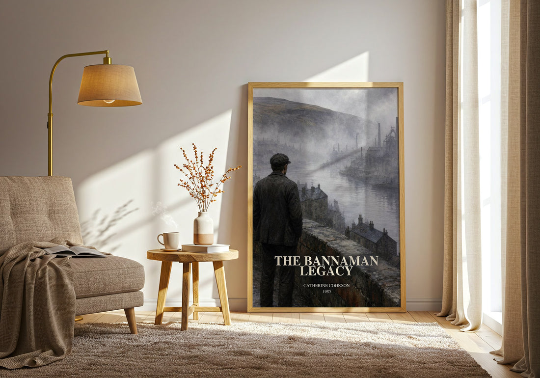 The Bannaman Legacy watercolour print in frame leaning in hallway – historical fiction wall art (mockup)