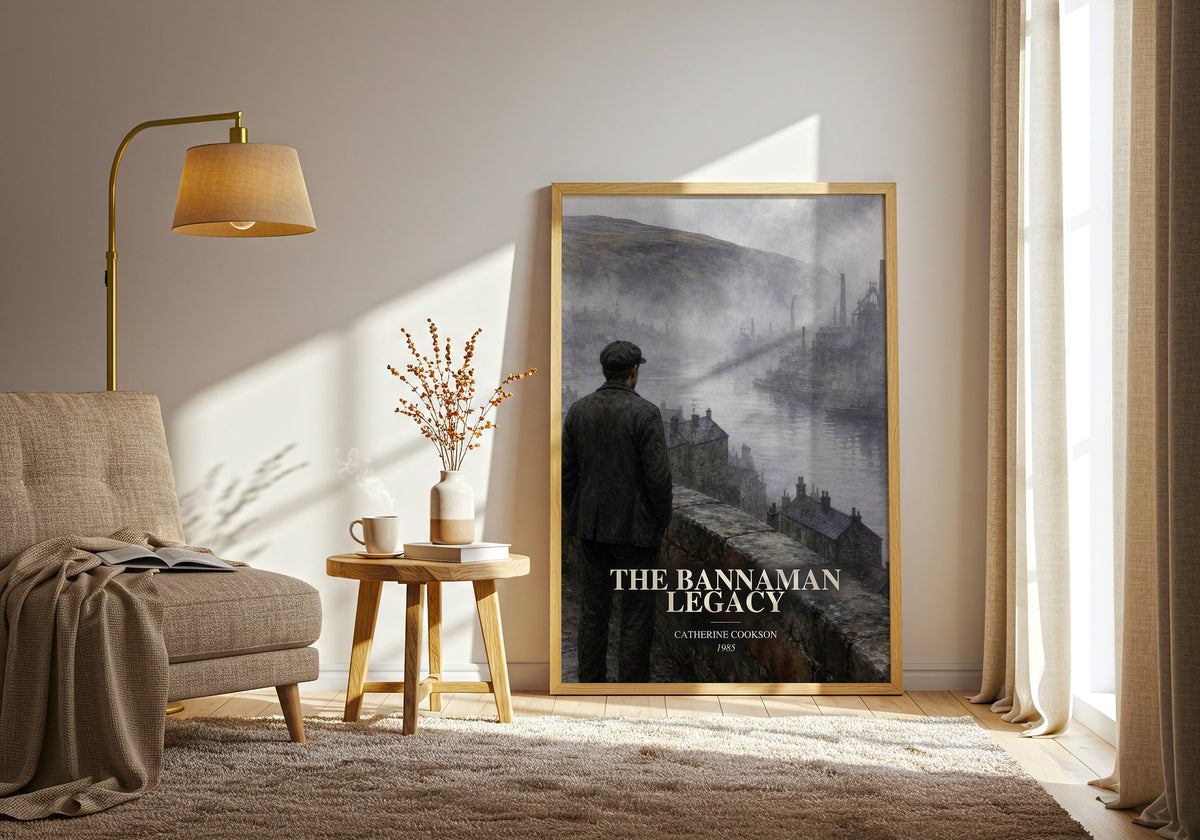 The Bannaman Legacy watercolour print in frame leaning in hallway – historical fiction wall art (mockup)