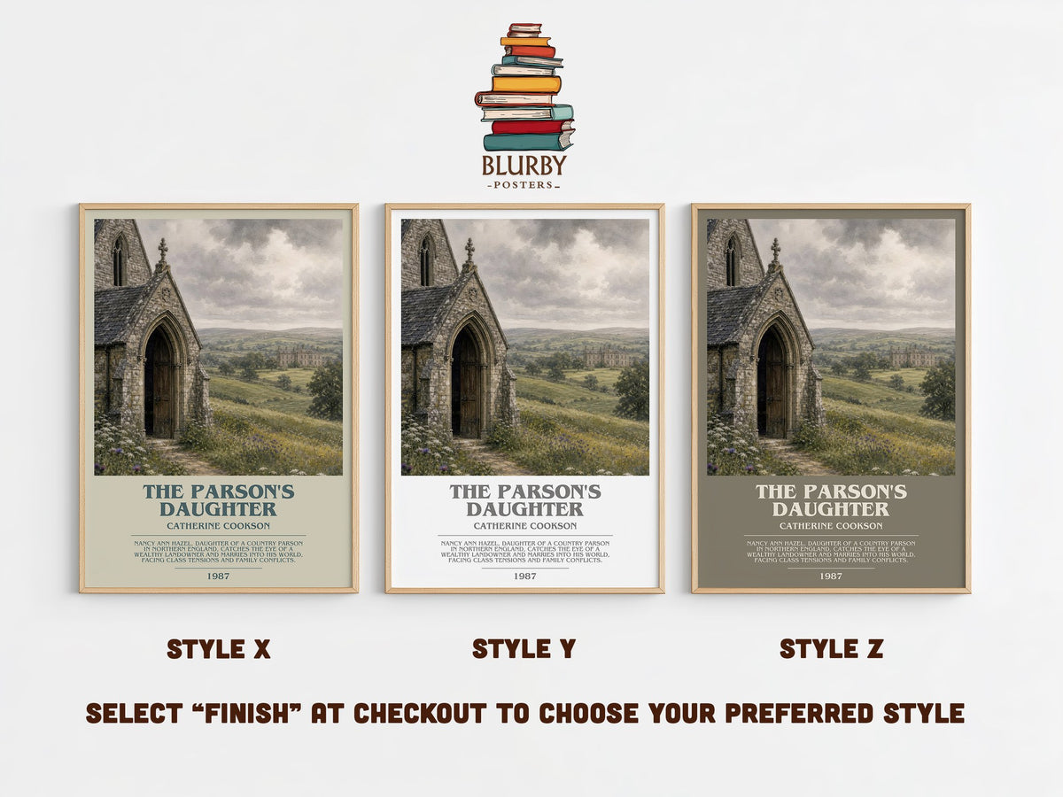 The Parson's Daughter bookish print in frame leaning in hallway – historical fiction wall art (mockup)