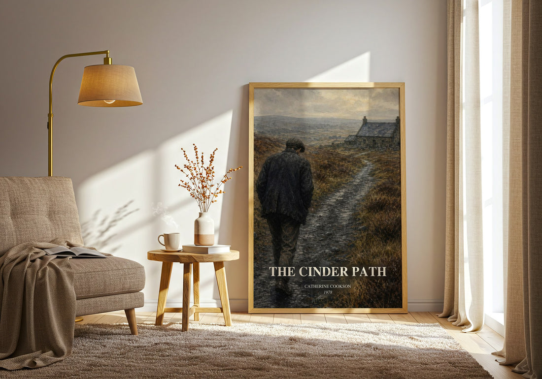 The Cinder Path watercolour print in frame leaning in hallway – historical fiction wall art (mockup)