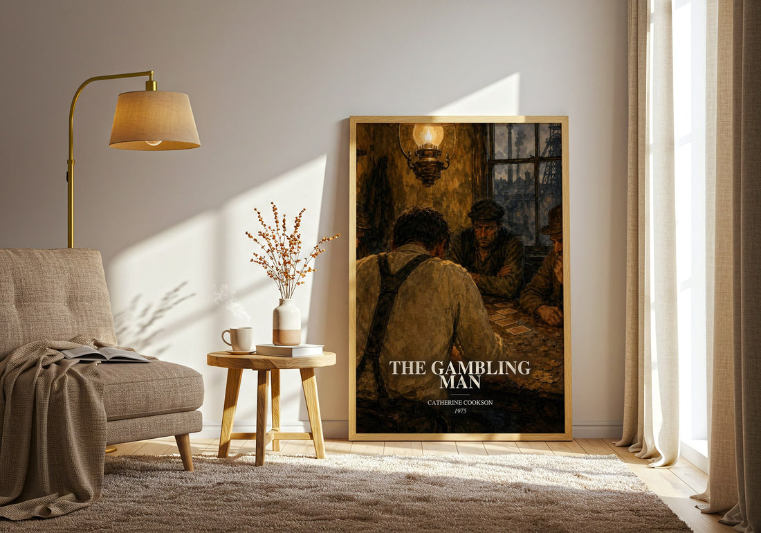 The Gambling Man watercolour print in frame leaning in hallway – historical fiction wall art (mockup)