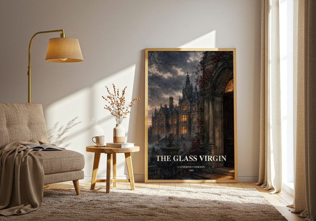 The Glass Virgin watercolour print in frame leaning in hallway – historical fiction wall art (mockup)