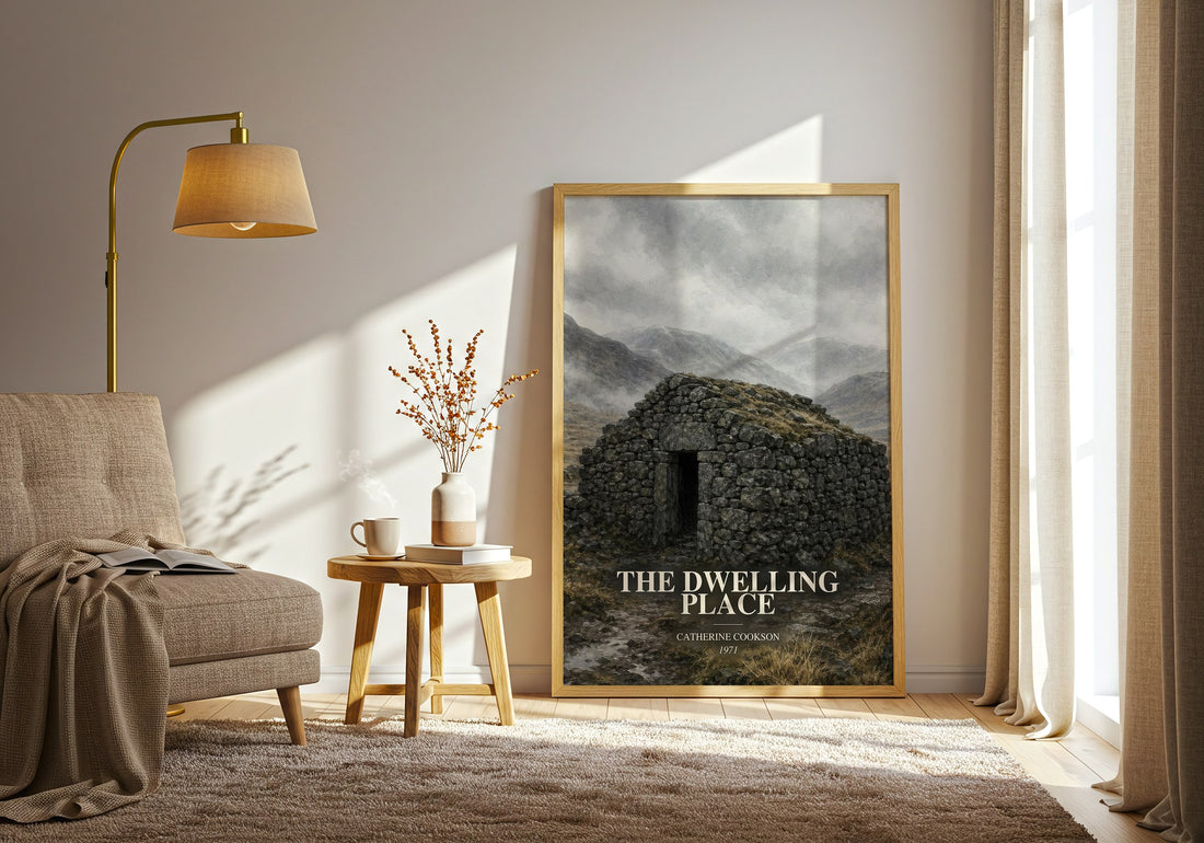 The Dwelling Place watercolour print in frame leaning in hallway – historical fiction wall art (mockup)