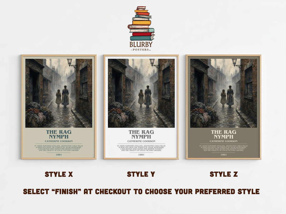 The Rag Nymph bookish print in frame leaning in hallway – historical fiction wall art (mockup)