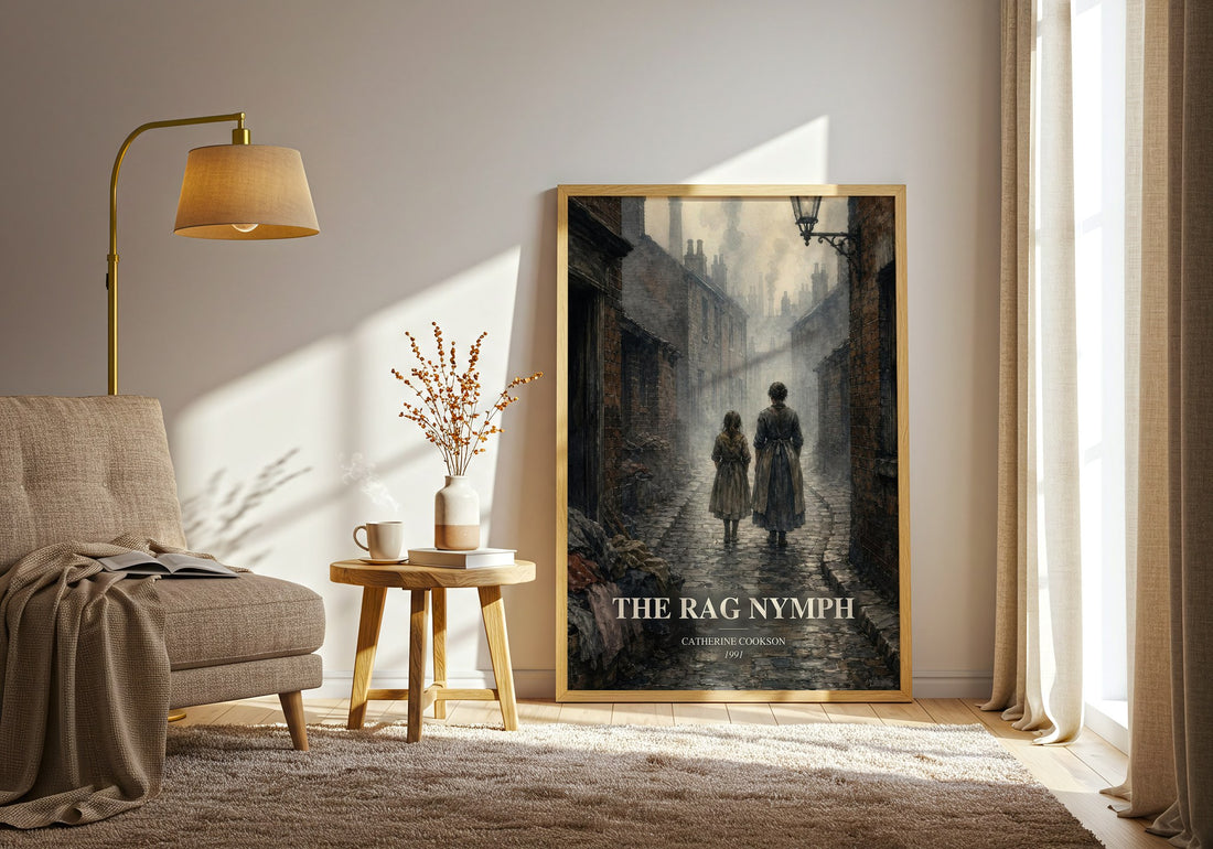 The Rag Nymph watercolour print in frame leaning in hallway – historical fiction wall art (mockup)