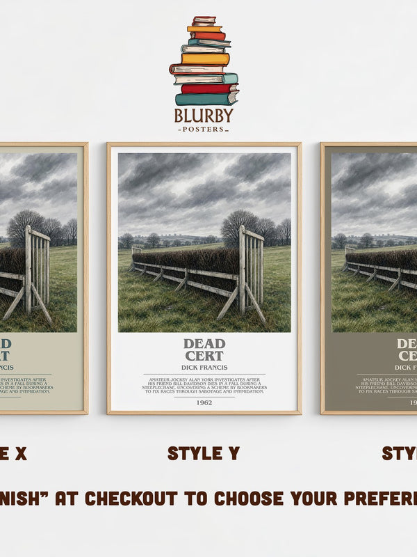 Dead Cert bookish print in frame leaning in hallway – mystery wall art
