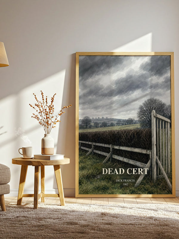 Dead Cert watercolour print in frame leaning in hallway – mystery wall art