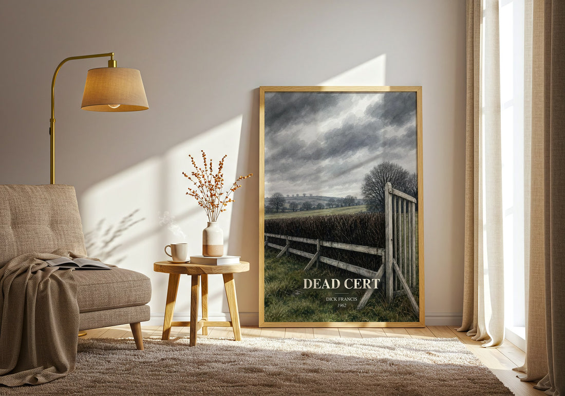 Dead Cert watercolour print in frame leaning in hallway – mystery wall art (mockup)