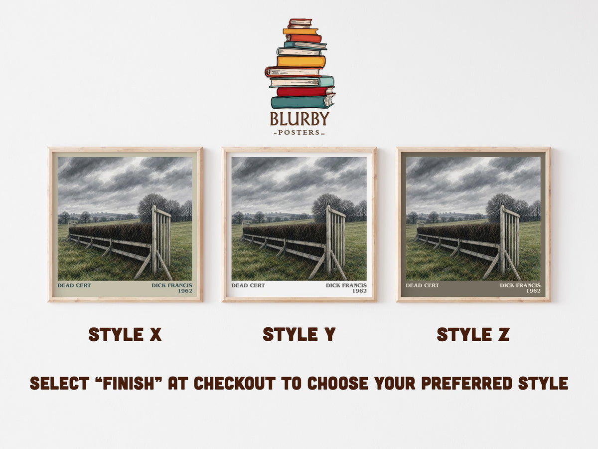 Dead Cert literary print in frame leaning in hallway – mystery wall art (mockup)