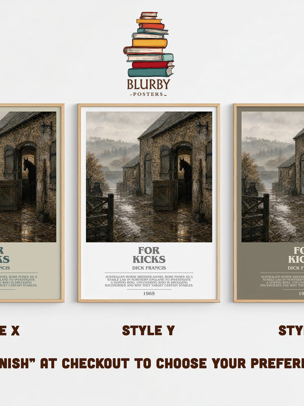 For Kicks bookish print in frame leaning in hallway – thriller wall art