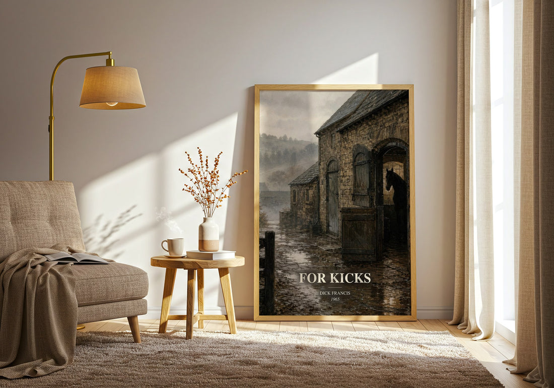 For Kicks watercolour print in frame leaning in hallway – thriller wall art (mockup)