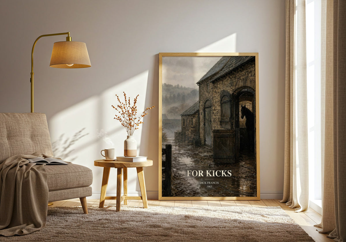For Kicks watercolour print in frame leaning in hallway – thriller wall art (mockup)