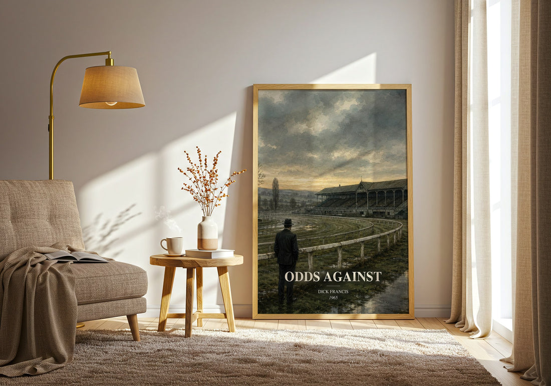 Odds Against watercolour print in frame leaning in hallway – crime wall art (mockup)