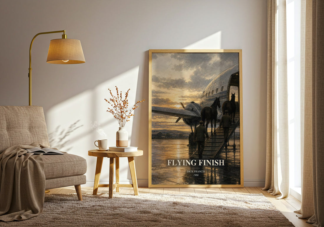 Flying Finish watercolour print in frame leaning in hallway – crime wall art (mockup)