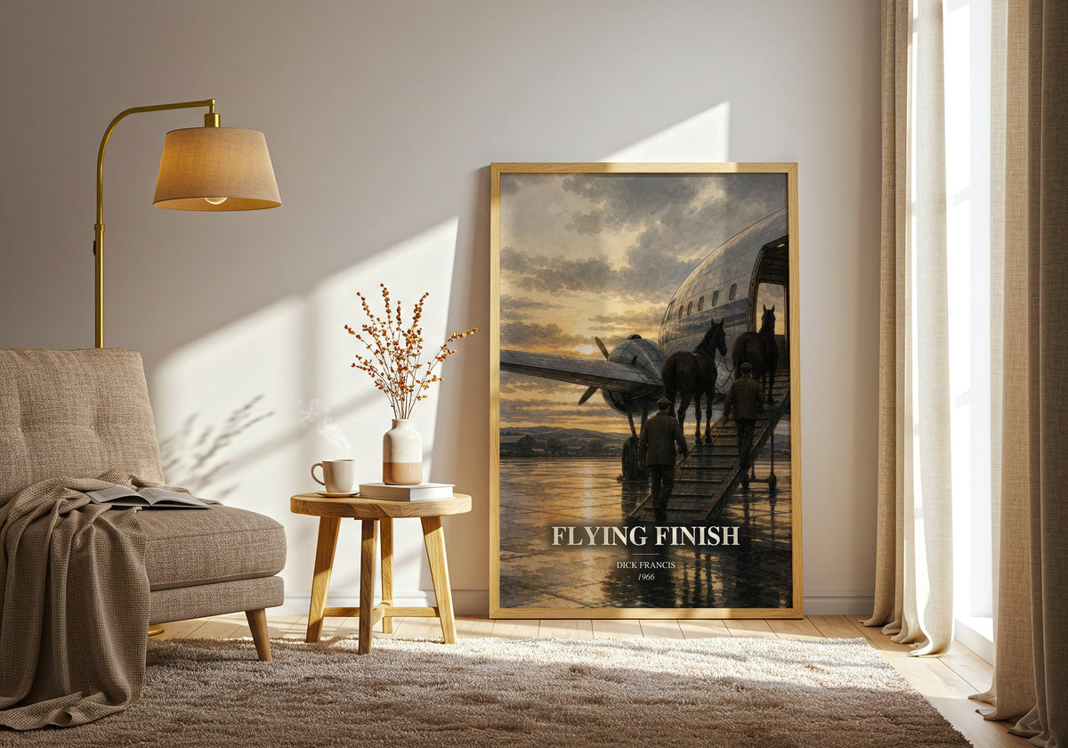 Flying Finish watercolour print in frame leaning in hallway – crime wall art (mockup)