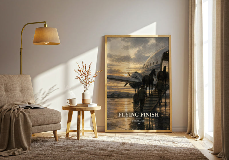 Flying Finish watercolour print in frame leaning in hallway – crime wall art
