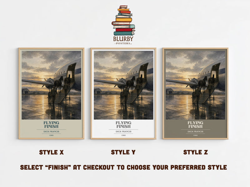 Flying Finish book cover print in frame leaning in hallway – crime wall art
