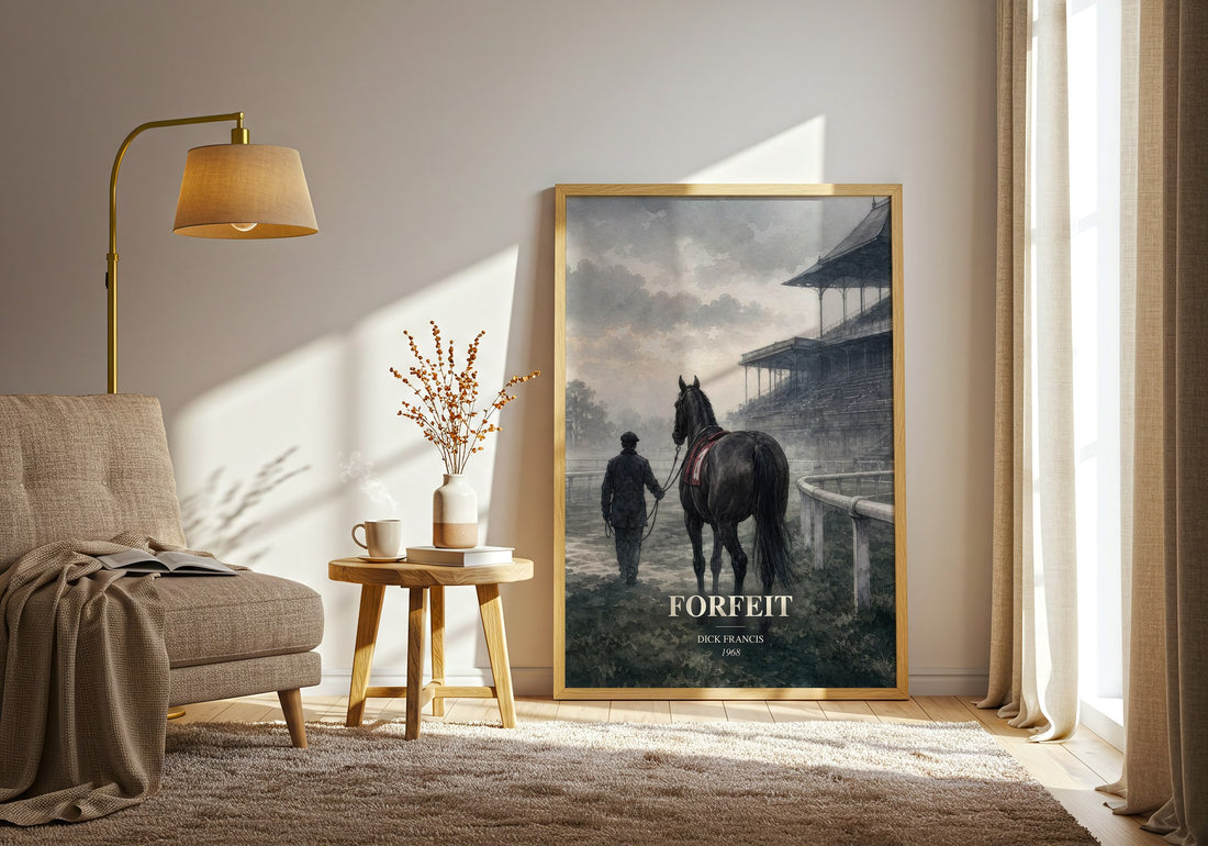 Forfeit watercolour print in frame leaning in hallway – crime wall art (mockup)