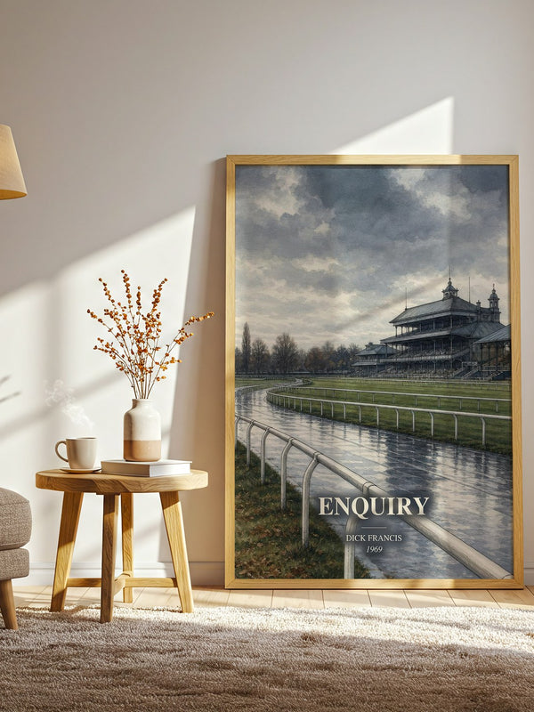 Enquiry watercolour print in frame leaning in hallway – thriller wall art