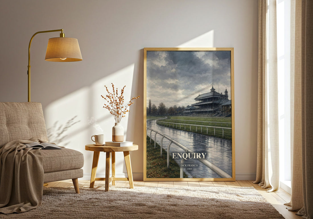 Enquiry watercolour print in frame leaning in hallway – thriller wall art (mockup)