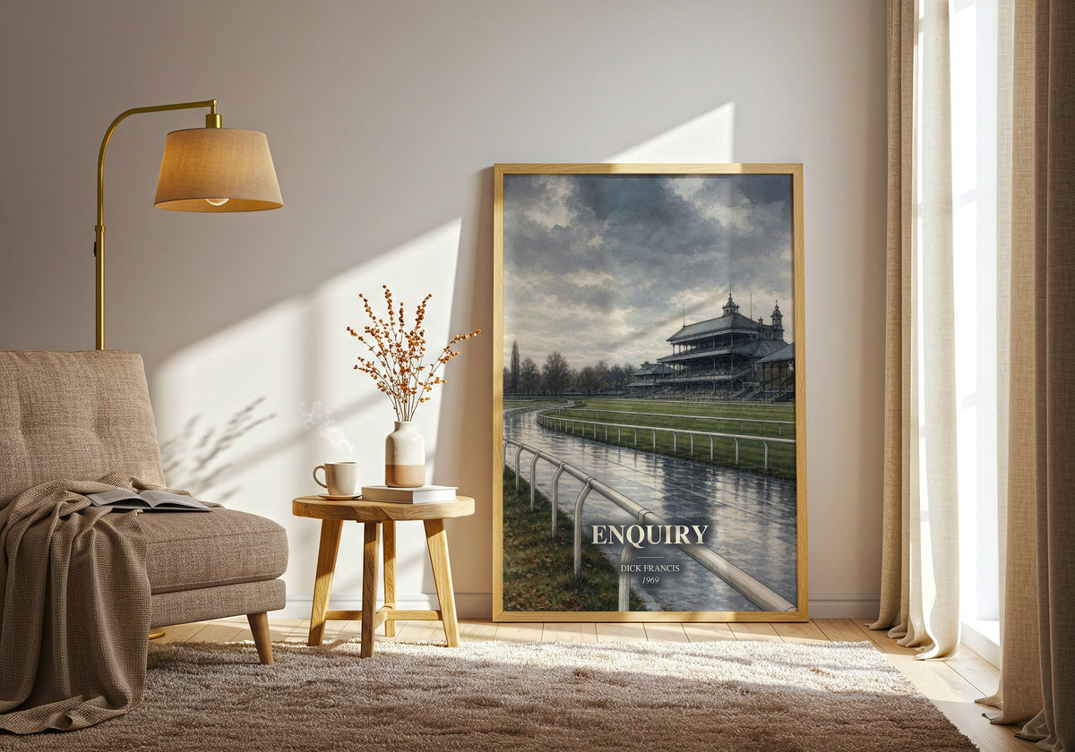 Enquiry watercolour print in frame leaning in hallway – thriller wall art (mockup)