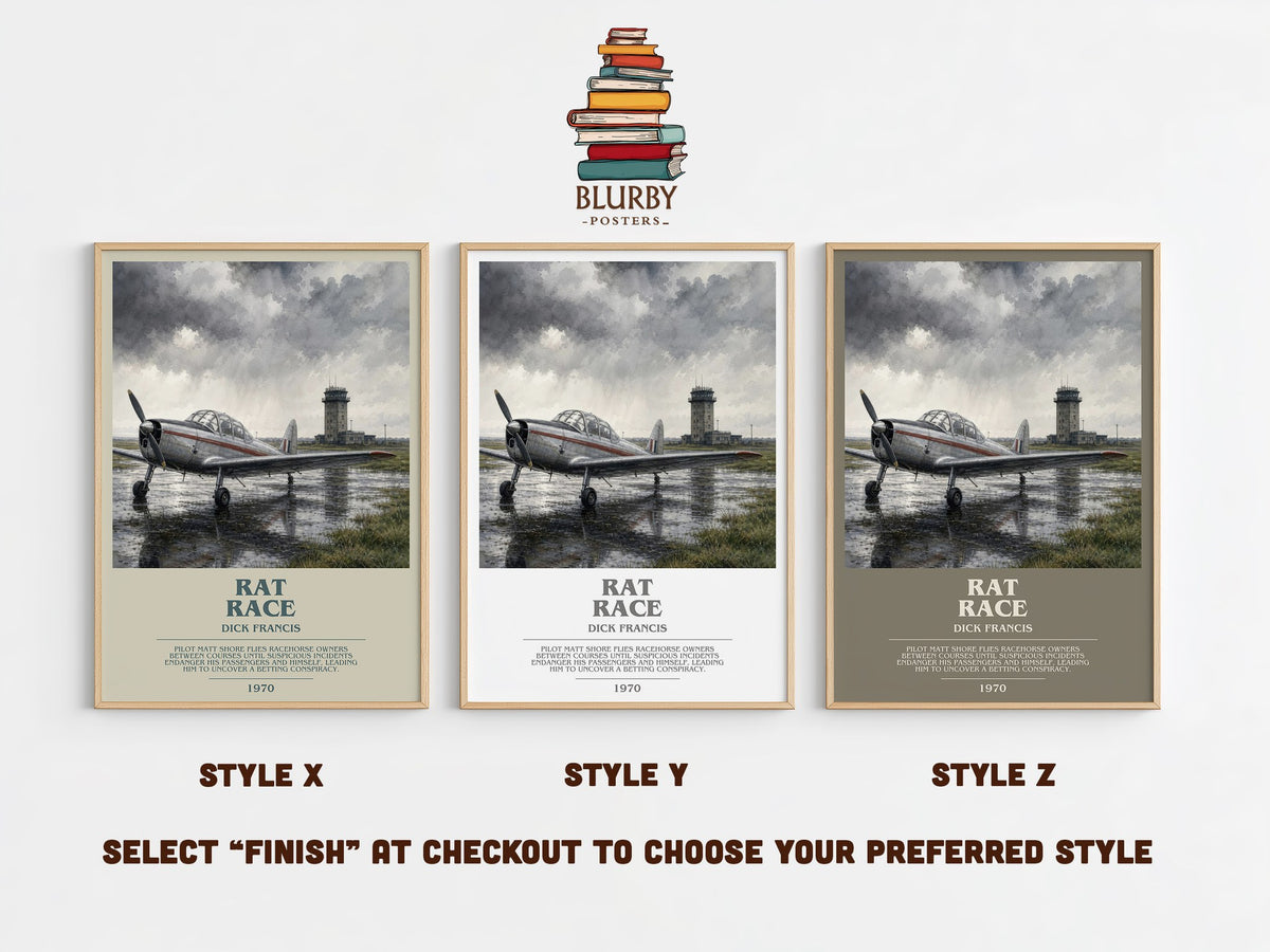 Rat Race bookish print in frame leaning in hallway – thriller wall art (mockup)