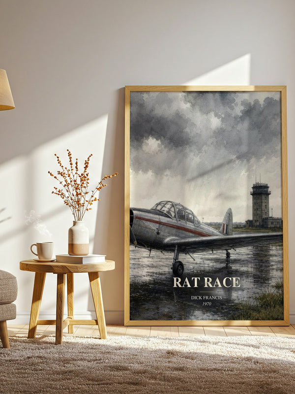 Rat Race watercolour print in frame leaning in hallway – thriller wall art