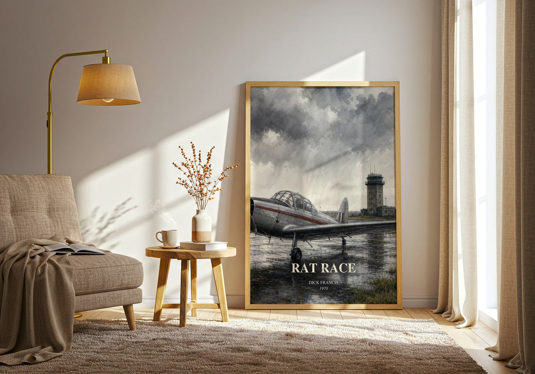 Rat Race watercolour print in frame leaning in hallway – thriller wall art (mockup)