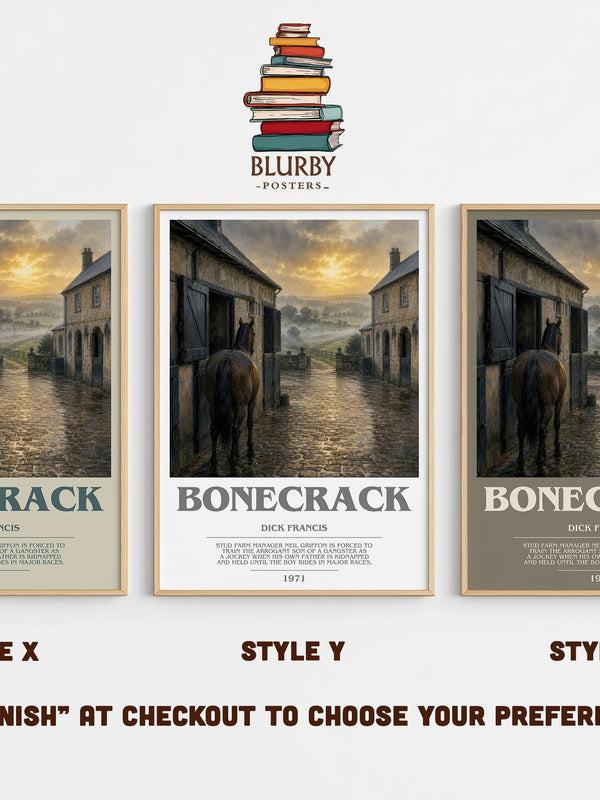 Bonecrack bookish print in frame leaning in hallway – thriller wall art