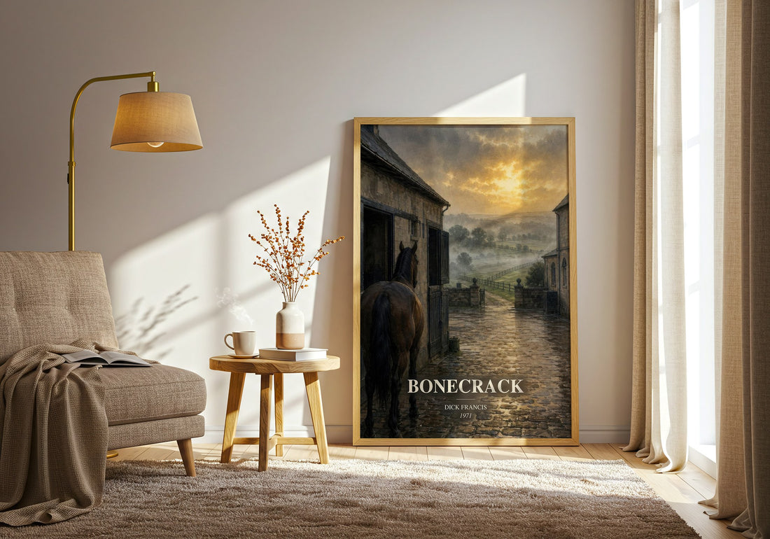 Bonecrack watercolour print in frame leaning in hallway – thriller wall art (mockup)